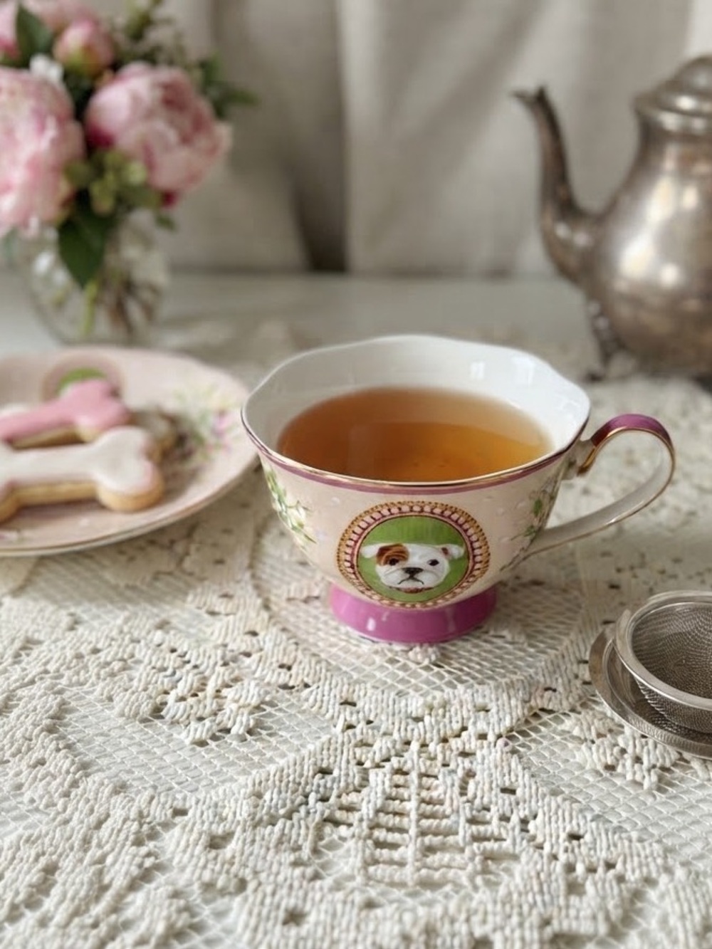 Rare Poppy Angeloff Bulldog Fine Porcelain Teacup 24K Gold Accent Floral